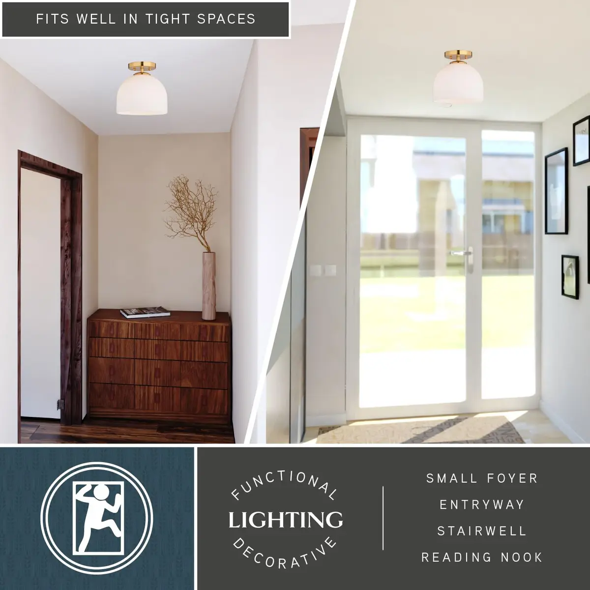 VAXCEL Shelby Semi-Flush Mount Ceiling Light 9.25-in W Gold Brass | White Glass Bright Illumination - view 5