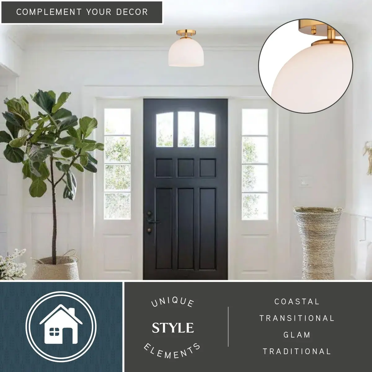 VAXCEL Shelby Semi-Flush Mount Ceiling Light 9.25-in W Gold Brass | White Glass Bright Illumination - view 3