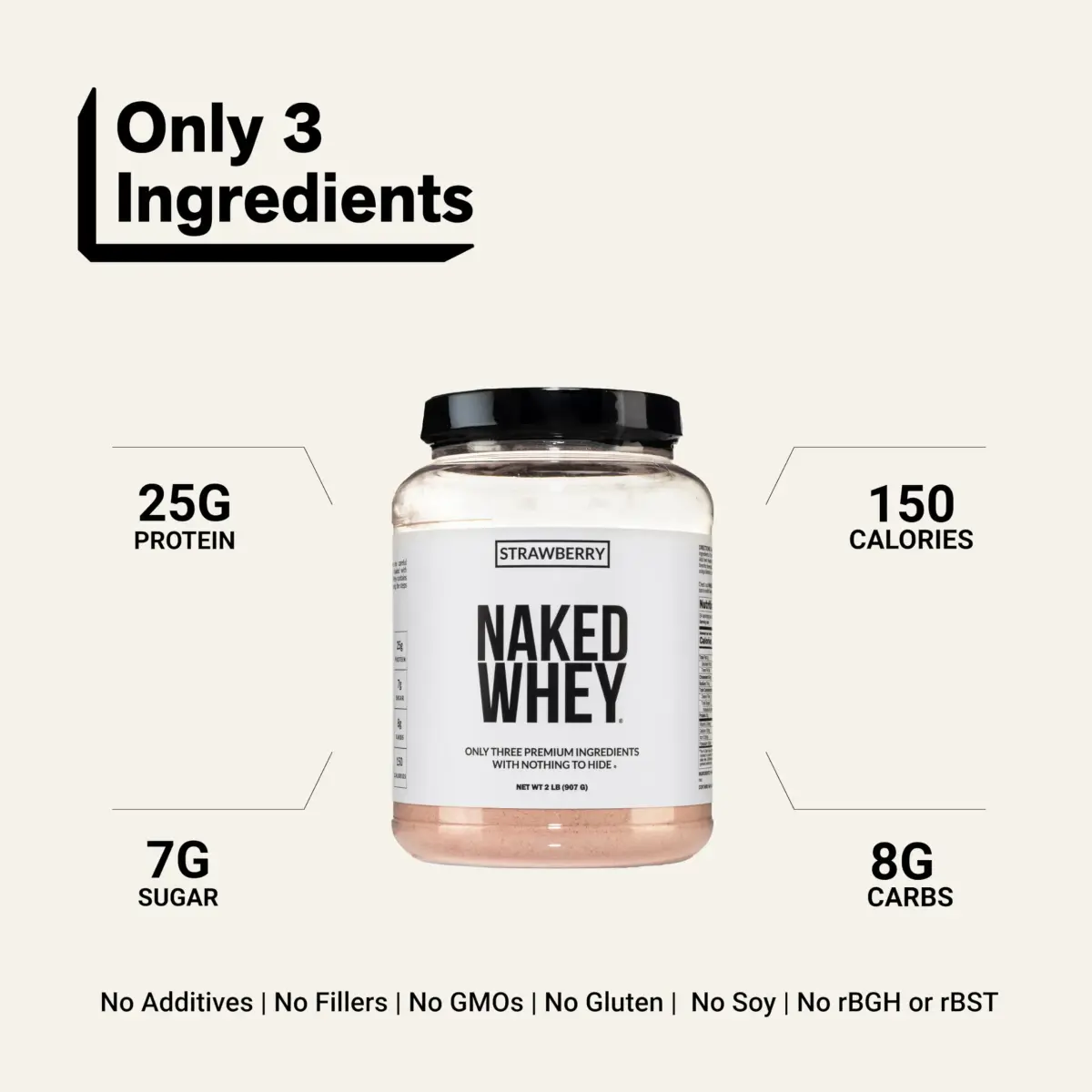 NAKED Strawberry Whey Protein Powder 907g (2 lb) | 25g Protein, 3 Ingredients, Grass Fed - view 3