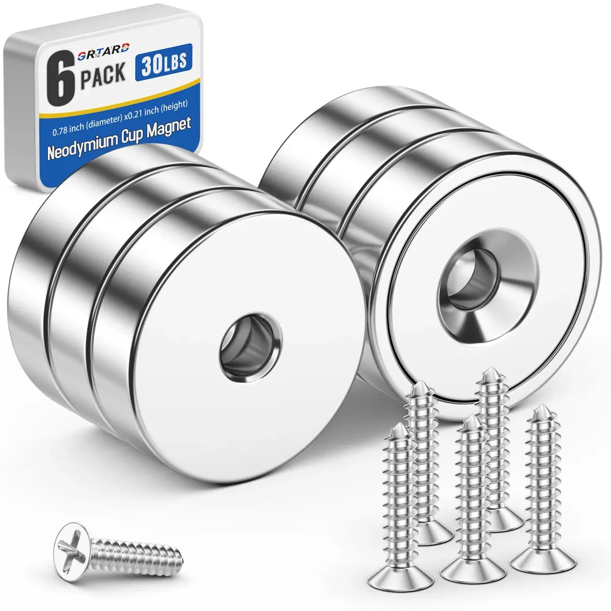 Grtard Neodymium Cup Magnets with Holes and Screws, 6 PCS 30 lb Pull Force | Heavy Duty Countersunk Magnet - main product image