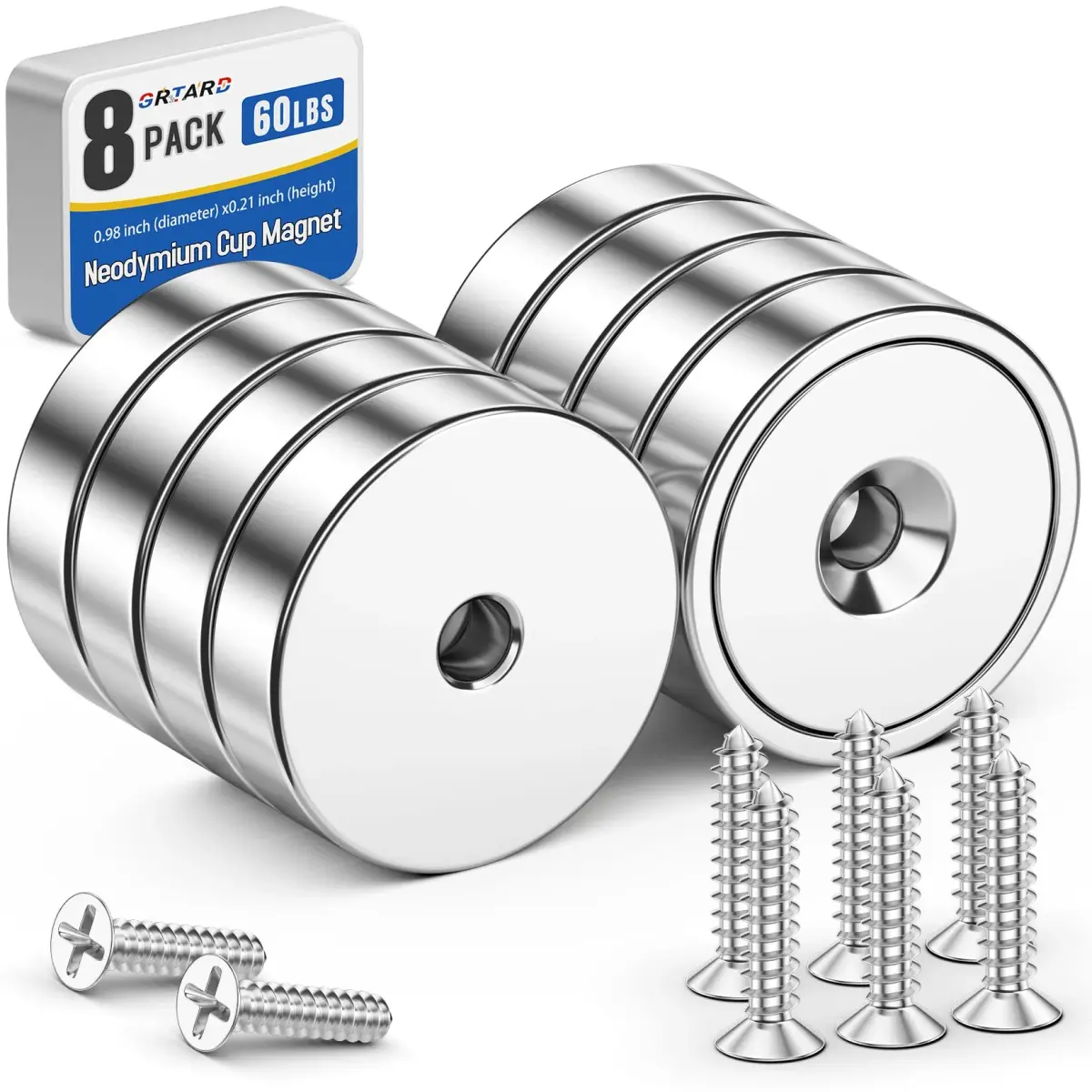 Grtard 60LB Neodymium Cup Magnets with Countersunk Hole, 8 Pack, 2.5cm (0.98'') Diameter | Heavy Duty Rare Earth Magnets for Tools & Workshop - main product image