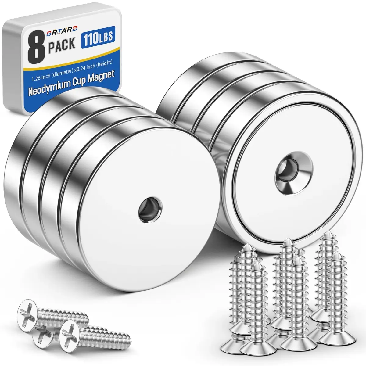 Grtard 110 lb (49.9 kg) Neodymium Cup Magnets, 8-Pack with Screws | Heavy Duty Countersunk Rare Earth Magnets - main product image
