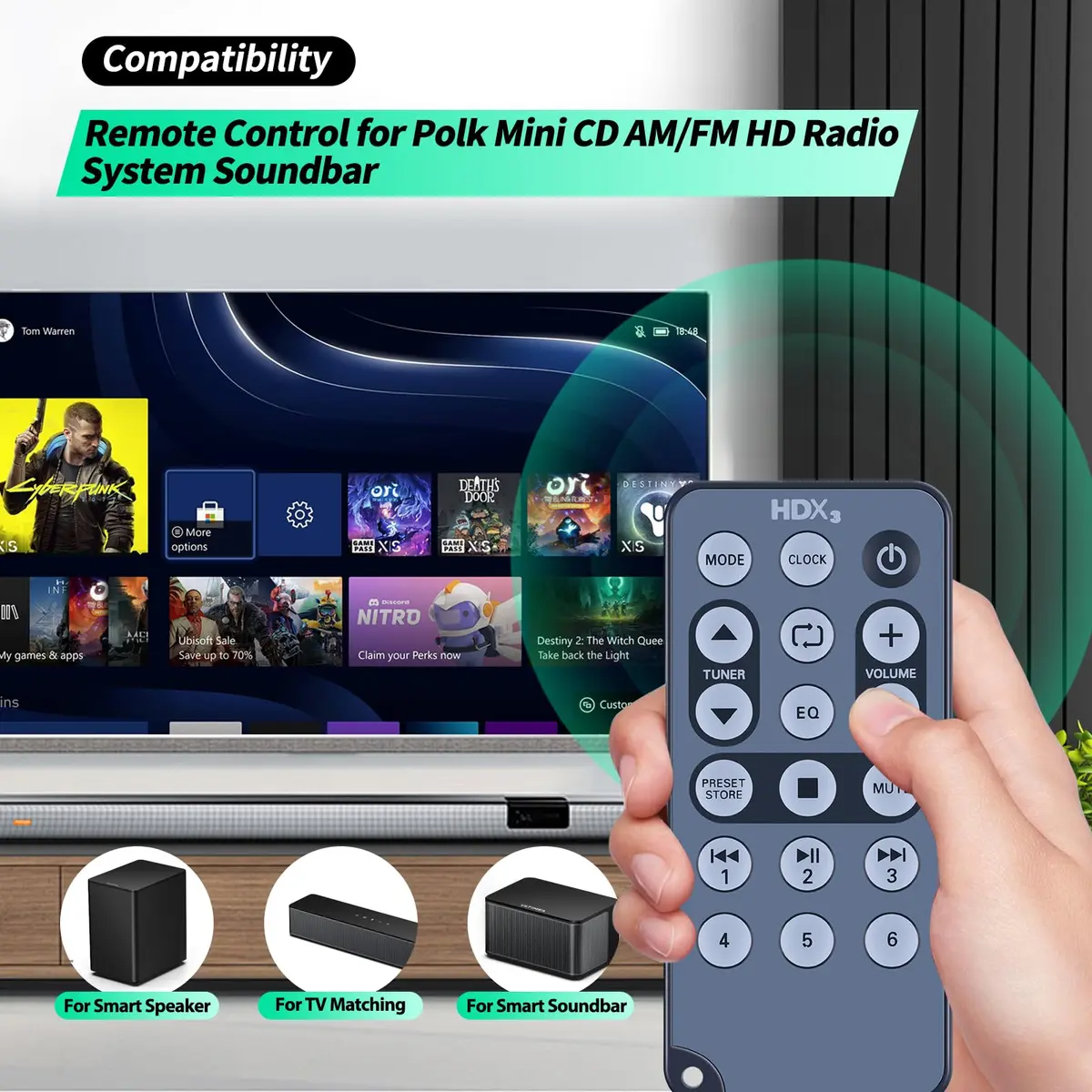 WDZP Universal Remote for Polk Audio Mini CD AM/FM HD Radio Soundbar | No Programming, 12m Infrared Range - view 2