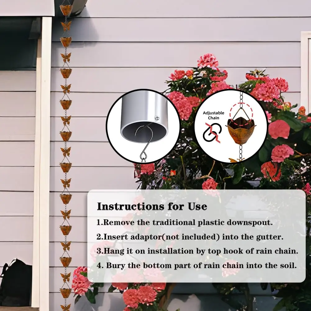 giole 9.2ft Butterfly Rain Chain with 12 Cups | Decorative Metal Downspout Alternative - view 7