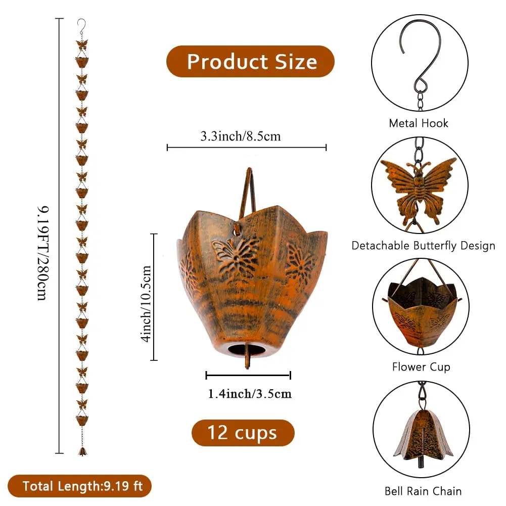 giole 9.2ft Butterfly Rain Chain with 12 Cups | Decorative Metal Downspout Alternative - view 2