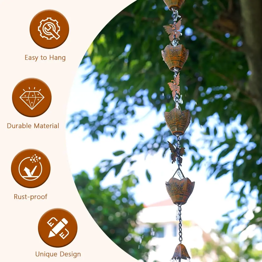 giole 9.2ft Butterfly Rain Chain with 12 Cups | Decorative Metal Downspout Alternative - view 3