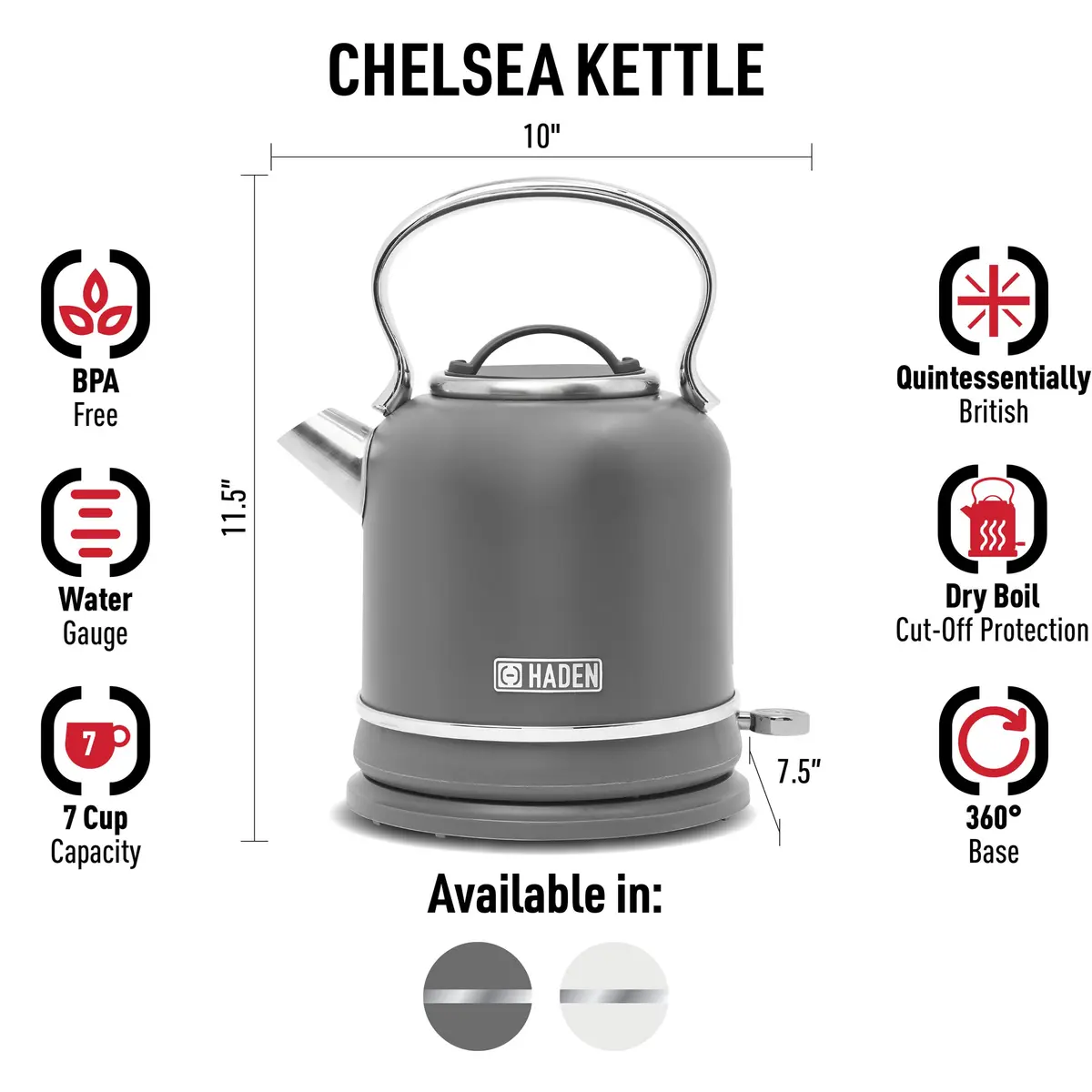 Haden Chelsea 1.7-Liter Stainless Steel Electric Kettle with Retro Design, 120V | 7-Cup Capacity, Auto Shut-Off & Boil-Dry Protection - view 2