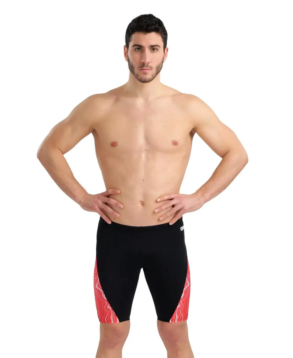 ARENA Performance Men's Marbled Swim Jammer MaxLife Athletic Practice Knee-Length Swimsuit Short, Black/Red Multi, US Size 20 - main product image