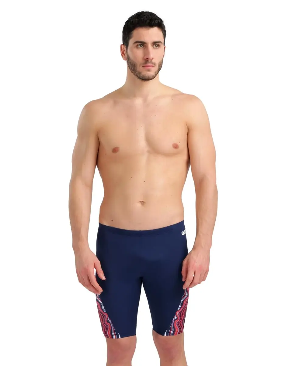 ARENA Performance Men's Marbled Swim Jammer MaxLife Athletic Practice Knee-Length Swimsuit, Navy/Red Multi, US Size 22 - main product image