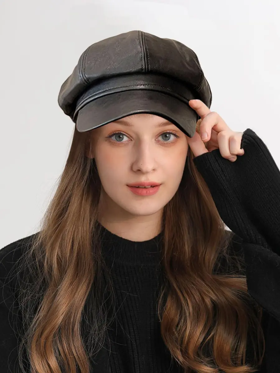 Nanwansu Women Fiddler Cap Newsboy Hat PU Leather Visor Beret Cap Paperboy Gatsby Hat | Trendy & Waterproof (56-58 cm) - view 2