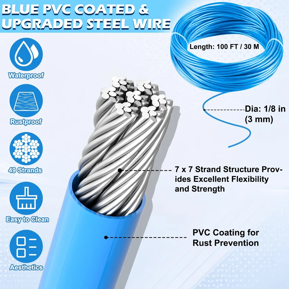 hannger 1/8" Clothesline Wire Kit, 100 ft PVC Coated Galvanized Steel Cable | Heavy Duty Outdoor Support - view 3