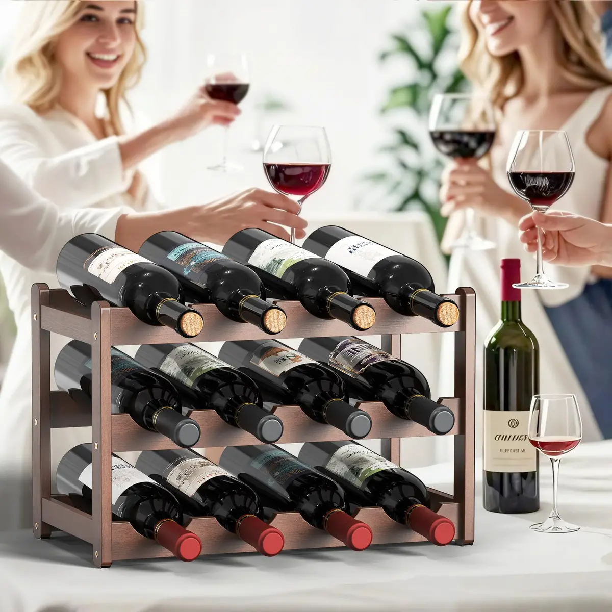 CAMOAT Bamboo Wine Rack Countertop & Floor Storage | 12 Bottle Capacity, Durable & Stylish - view 2