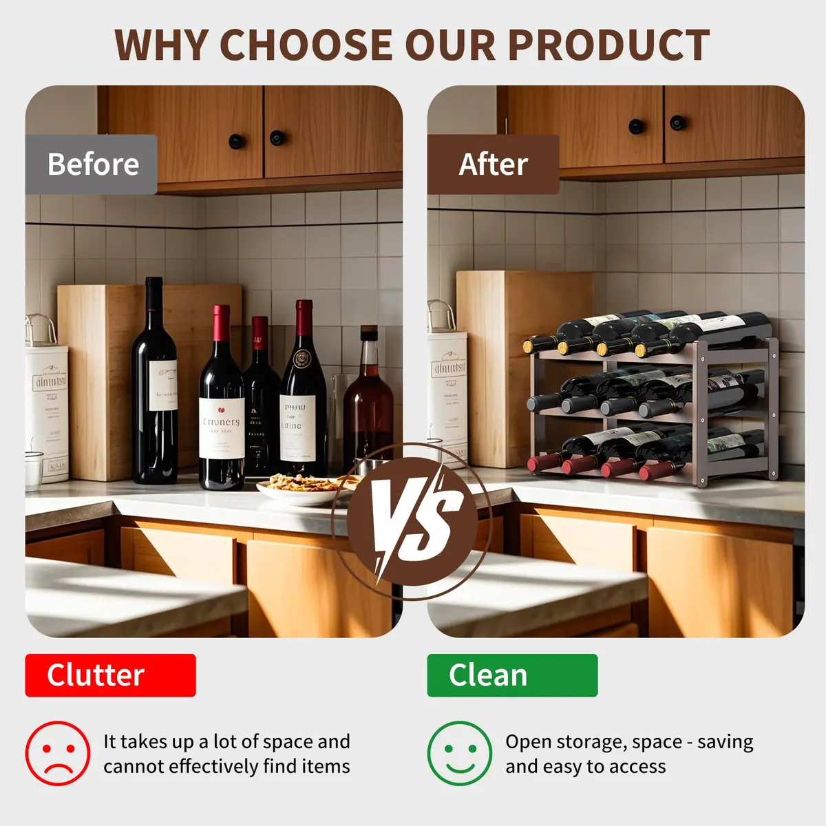 CAMOAT Bamboo Wine Rack Countertop & Floor Storage | 12 Bottle Capacity, Durable & Stylish - view 3