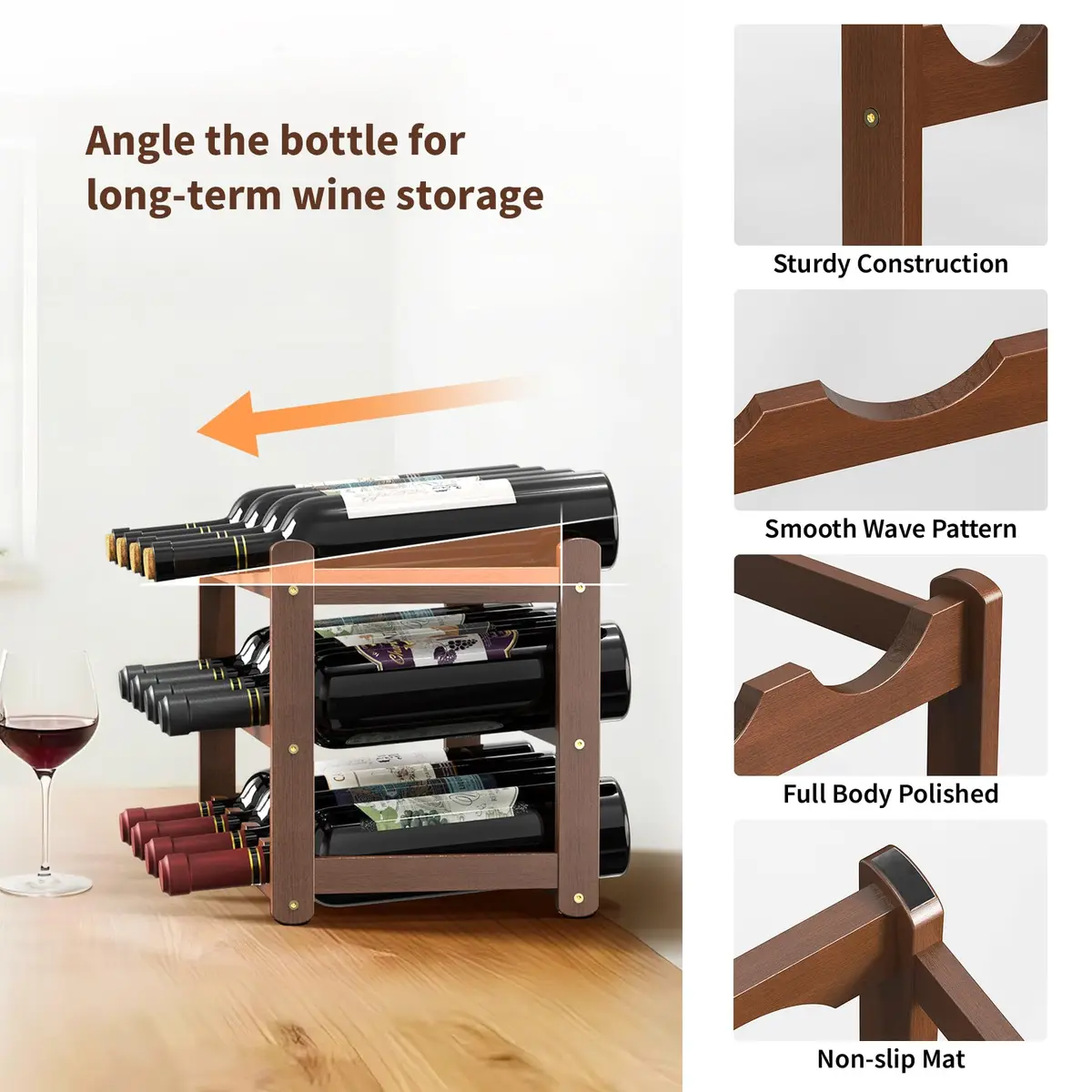 CAMOAT Bamboo Wine Rack Countertop & Floor Storage | 12 Bottle Capacity, Durable & Stylish - view 4