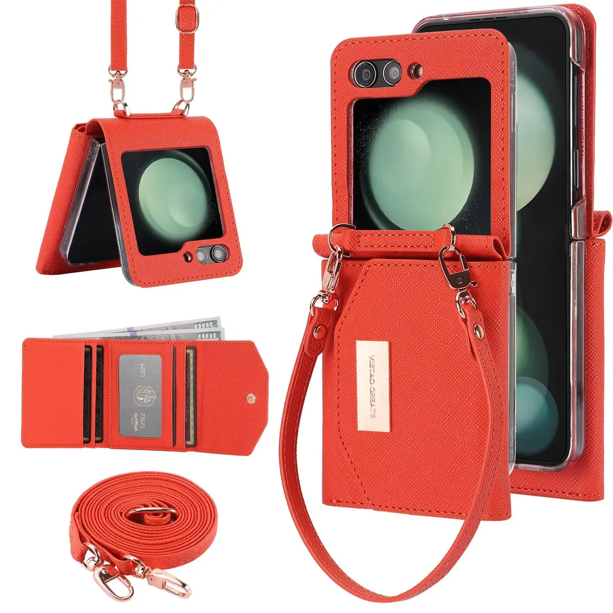XIMAND Samsung Galaxy Z Flip 6 Wallet Case with Leather Cash Slot & Hinge Protection | Orange - main product image