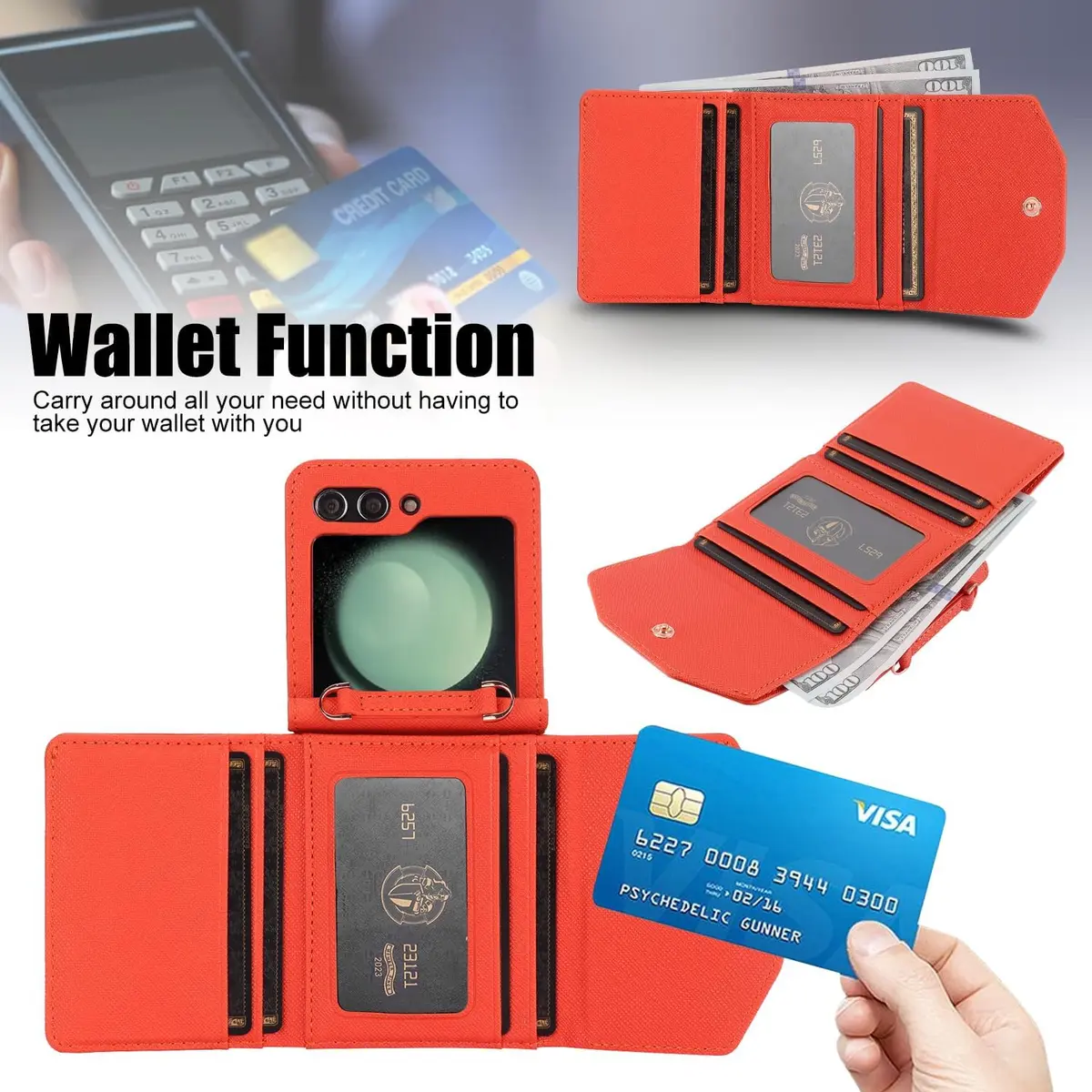 XIMAND Samsung Galaxy Z Flip 6 Wallet Case with Leather Cash Slot & Hinge Protection | Orange - view 2