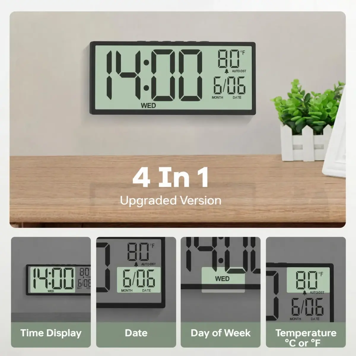 JALL Black 14.5 Inch Digital Wall Clock with Jumbo Display, Date, Day & Temperature - view 4