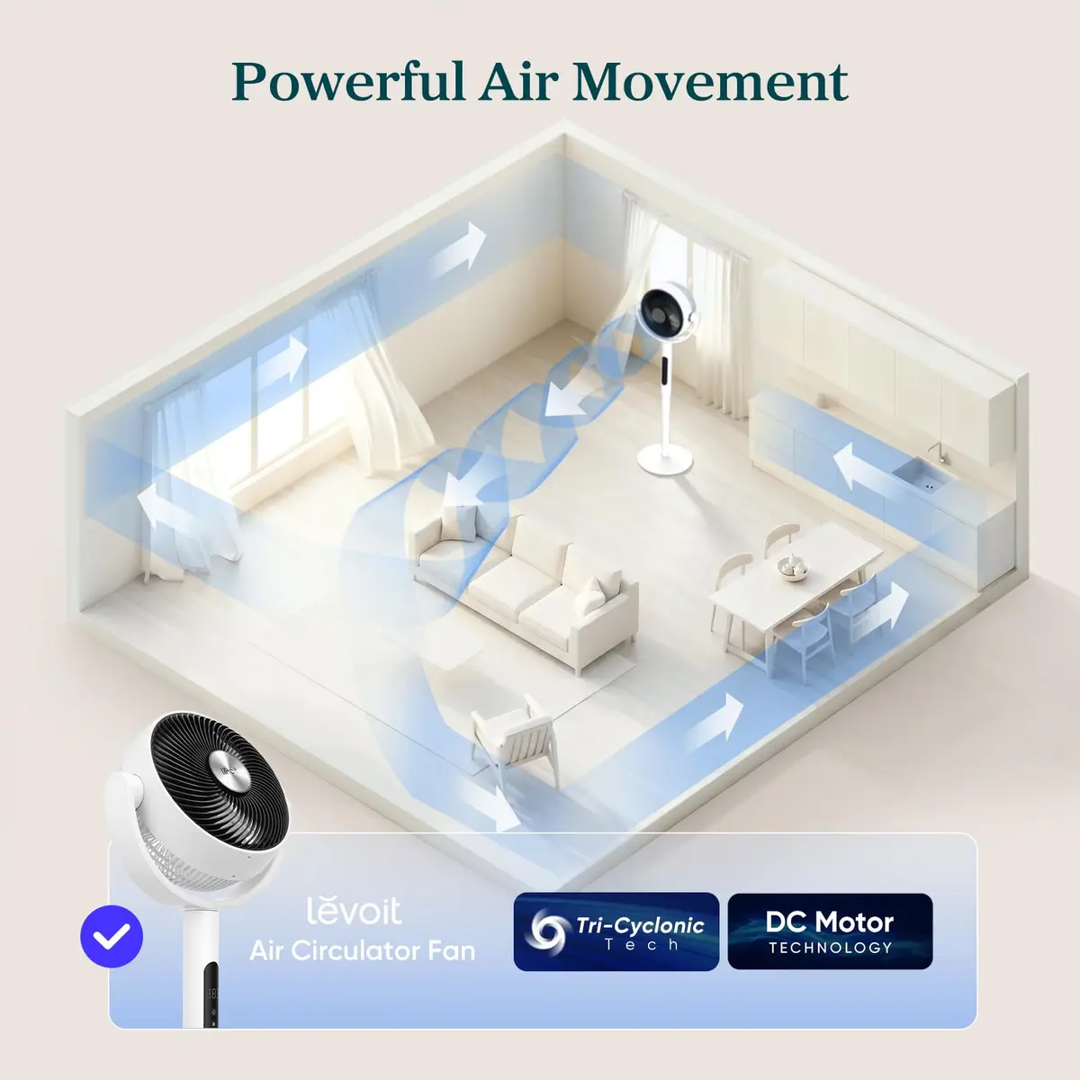 Levoit Pedestal Air Circulator Fan 43.7 x 12.5 x 14.5 in | 908 CFM, 22 ft/s, Quiet Sleep Mode - view 2