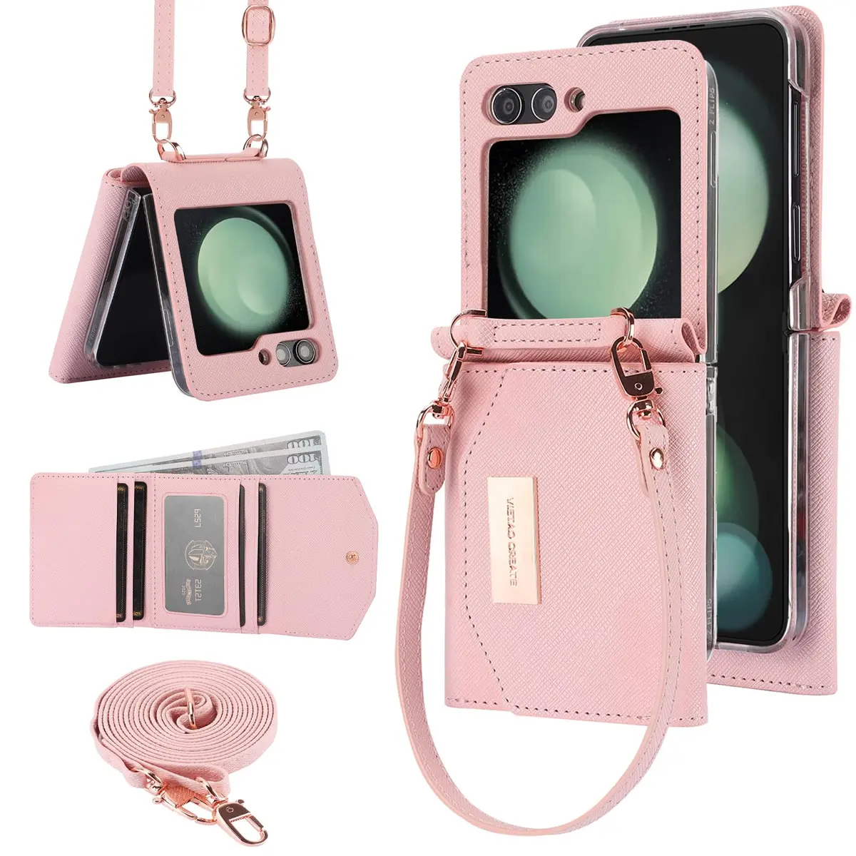 XIMAND Samsung Galaxy Z Flip 6 Wallet Case with Leather Cash Slot & Credit Card Holder | Wristlet & Hinge Protection (Pink) - main product image