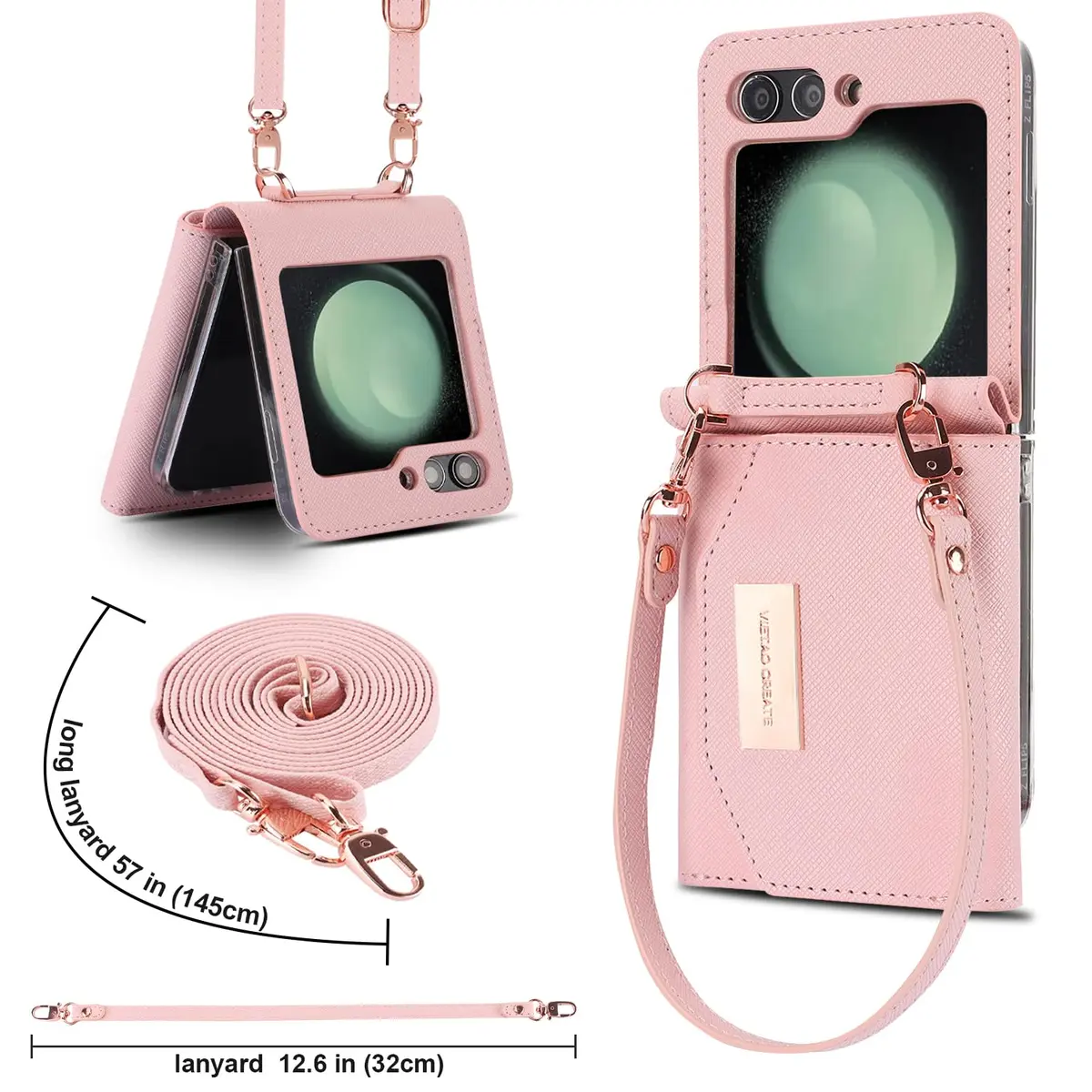 XIMAND Samsung Galaxy Z Flip 6 Wallet Case with Leather Cash Slot & Credit Card Holder | Wristlet & Hinge Protection (Pink) - view 5