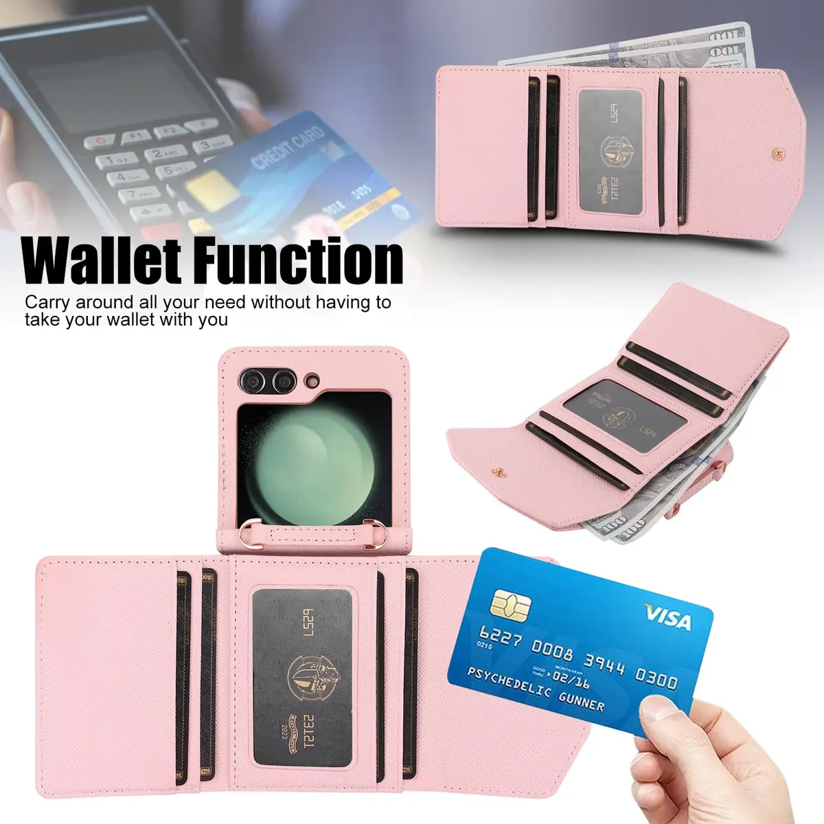 XIMAND Samsung Galaxy Z Flip 6 Wallet Case with Leather Cash Slot & Credit Card Holder | Wristlet & Hinge Protection (Pink) - view 2