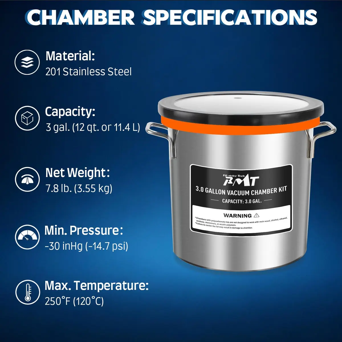 PB Motor Tech 3 Gallon Vacuum Chamber with Tempered Glass Lid | High-Strength Stainless Steel, Precise Gauge, Versatile Use - view 2