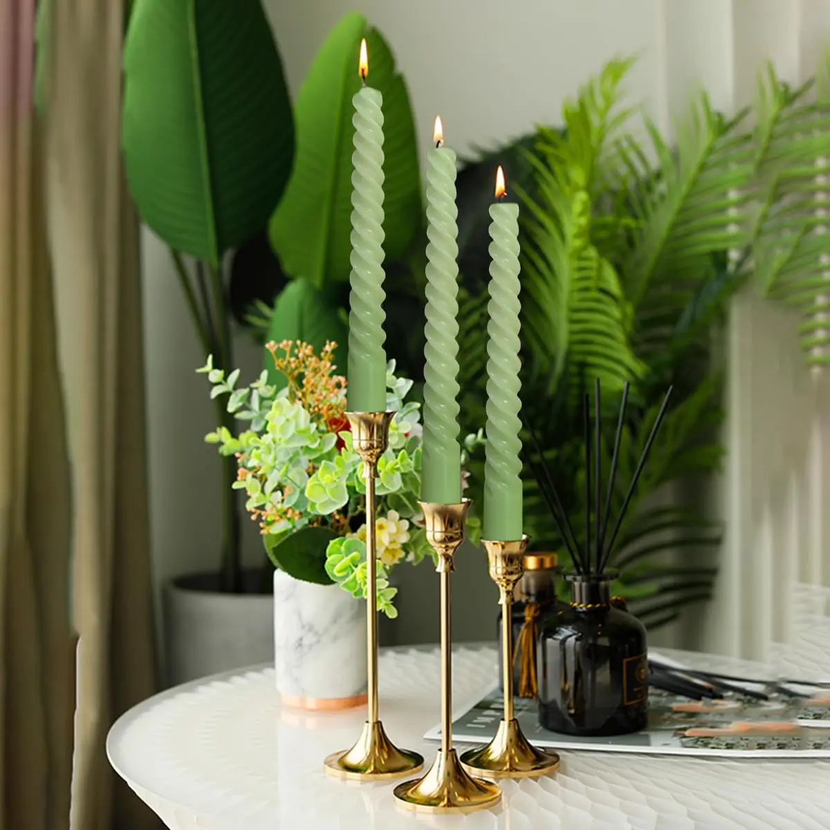 Beilisen 6 Pack 10 Inch Sage-Green Spiral Taper Candles Unscented Dripless for Home & Events - view 3