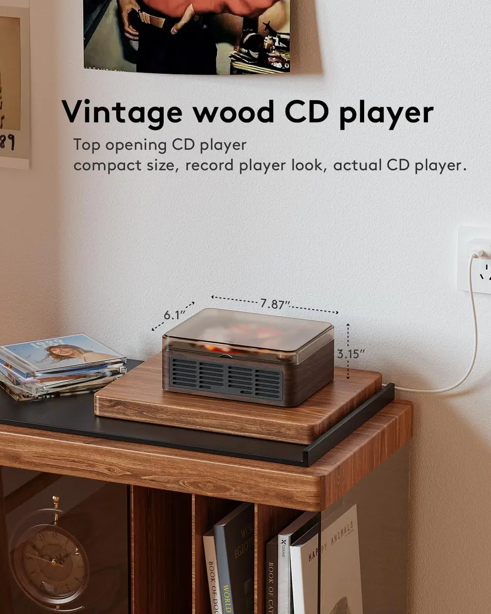 CARONSORT CD Player with Speakers Retro Bluetooth CD Player for Home-Brown | Vintage Wooden Design & Bluetooth Support - view 5