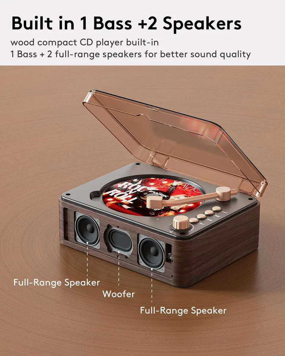 CARONSORT CD Player with Speakers Retro Bluetooth CD Player for Home-Brown | Vintage Wooden Design & Bluetooth Support - view 2