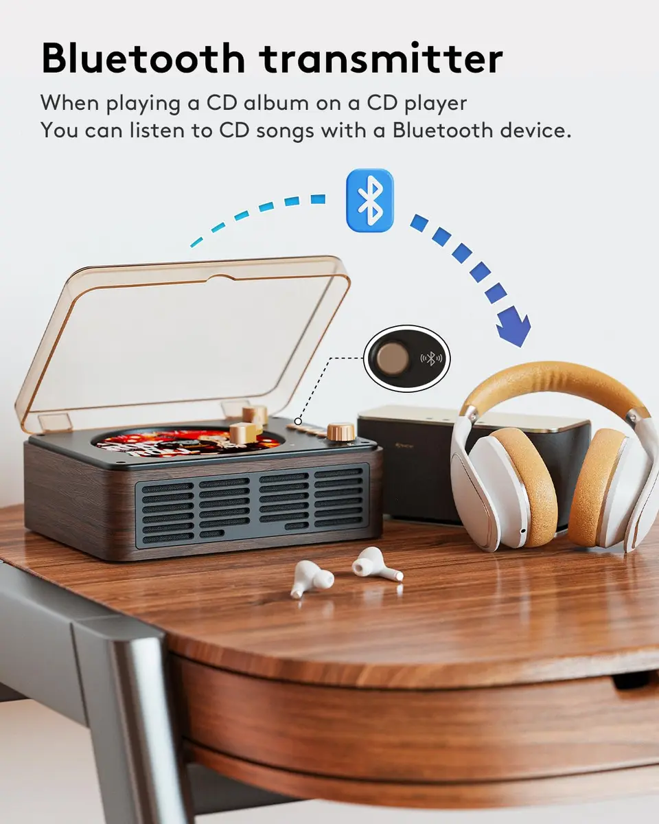 CARONSORT CD Player with Speakers Retro Bluetooth CD Player for Home-Brown | Vintage Wooden Design & Bluetooth Support - view 3