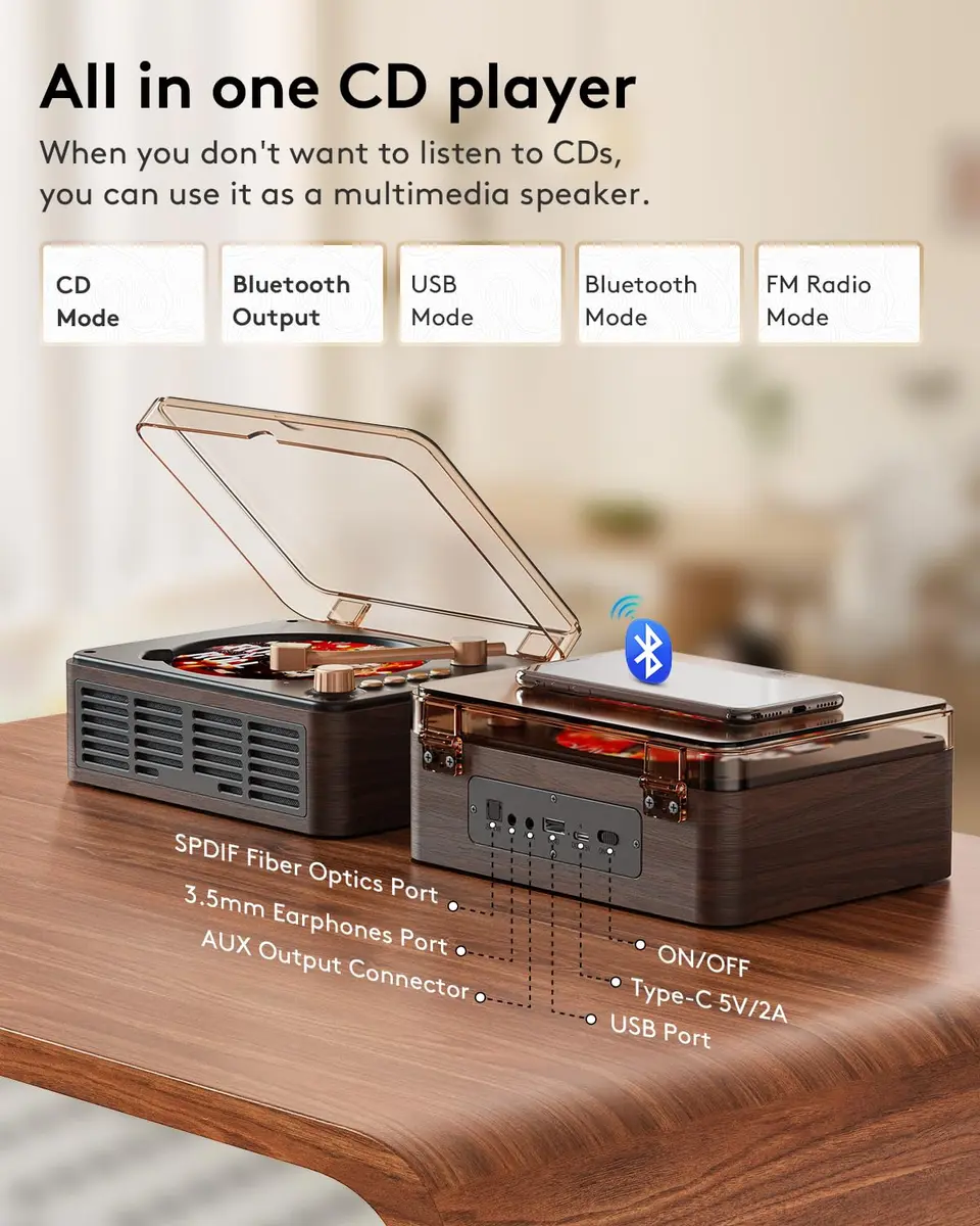 CARONSORT CD Player with Speakers Retro Bluetooth CD Player for Home-Brown | Vintage Wooden Design & Bluetooth Support - view 4