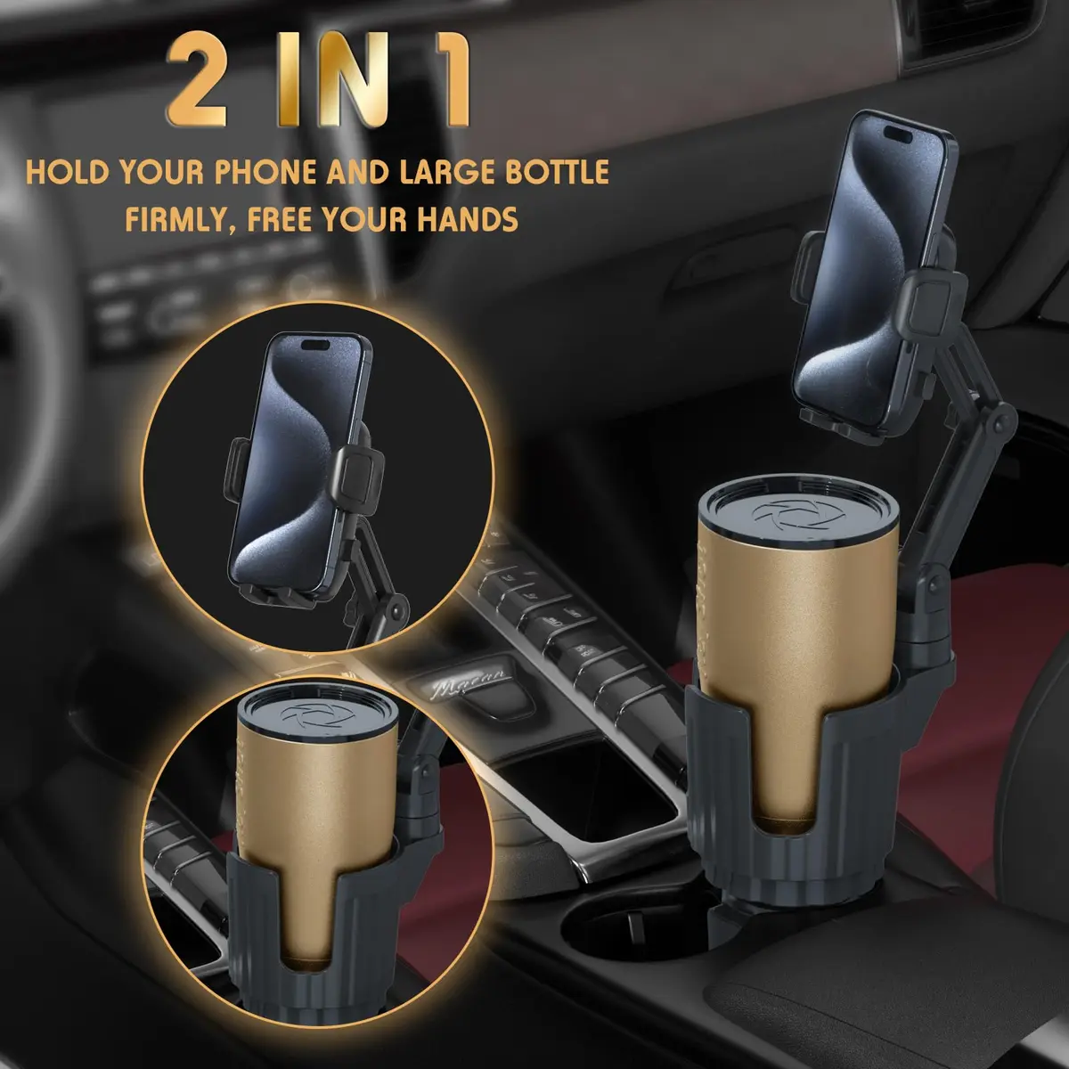 bokilino Phone Holders for Your Car, 2 in 1 Universal Cup Holder, Adjustable Long Arm, 360° Rotation, Compatible with All Smartphones - view 3