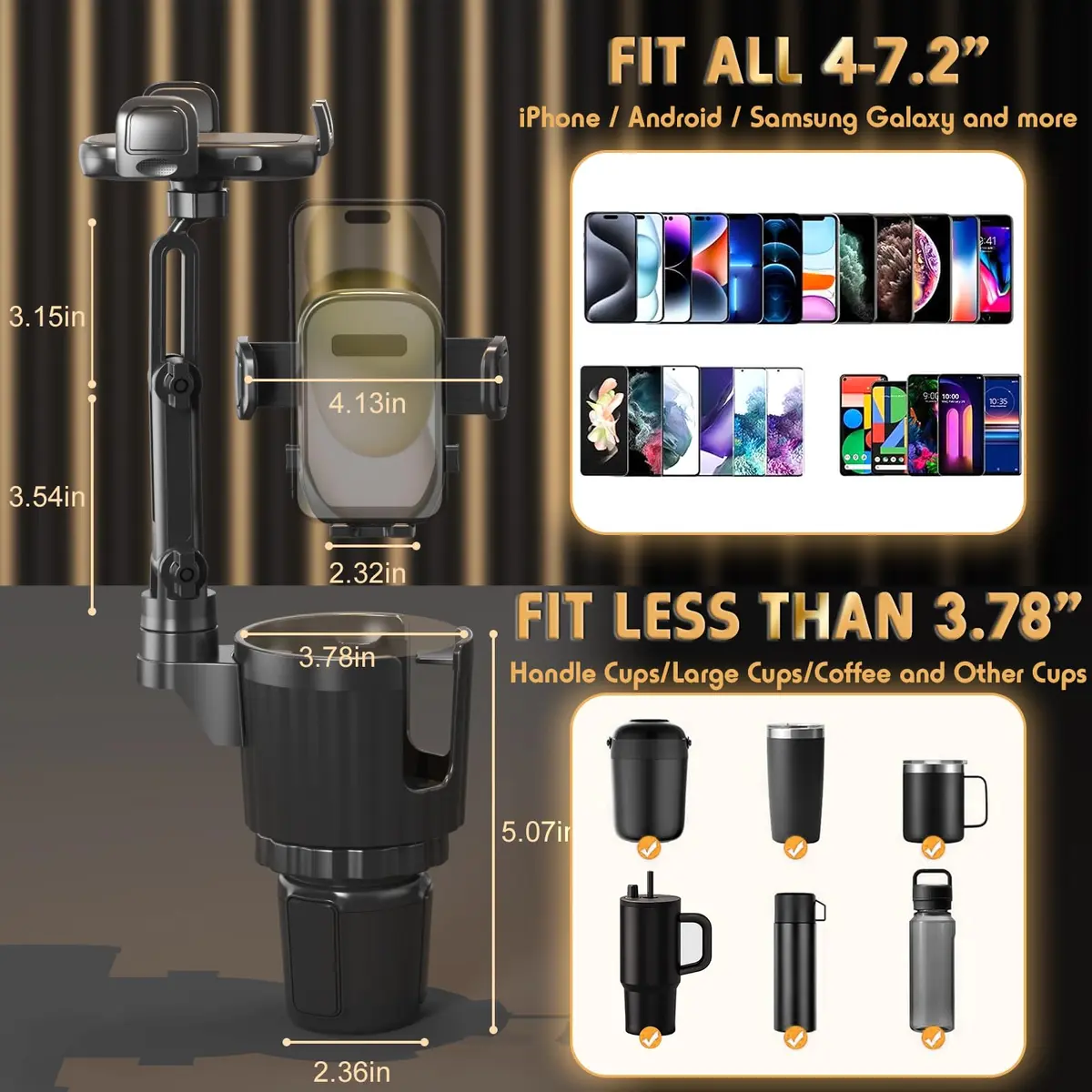 bokilino Phone Holders for Your Car, 2 in 1 Universal Cup Holder, Adjustable Long Arm, 360° Rotation, Compatible with All Smartphones - view 4