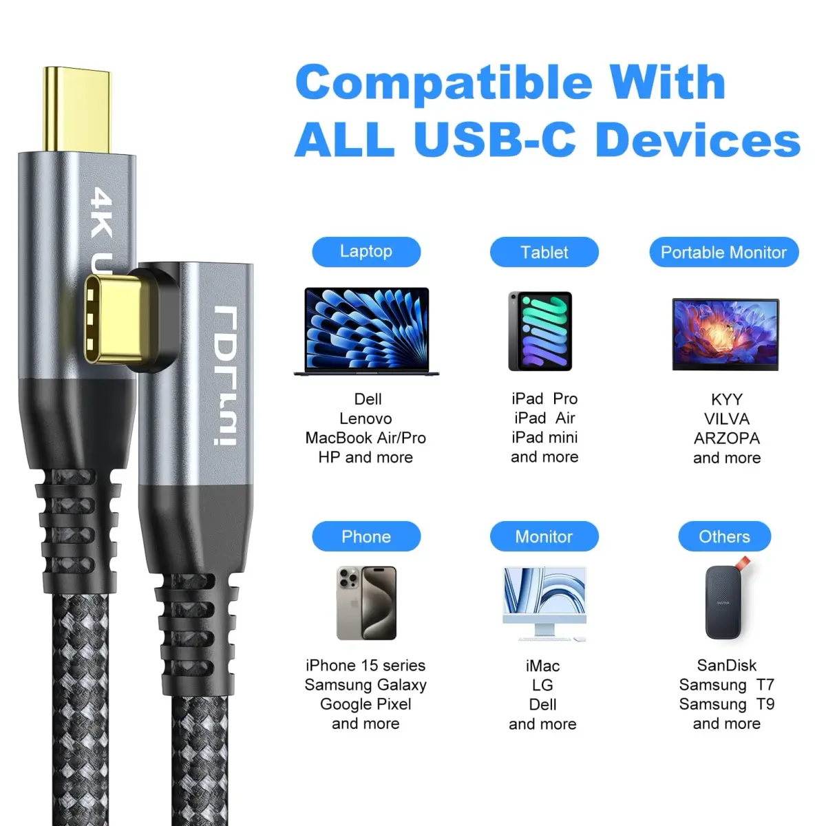 LDLrui Right Angle USB C Cable 1FT | 20Gbps Data, 4K Video, 100W PD - view 9