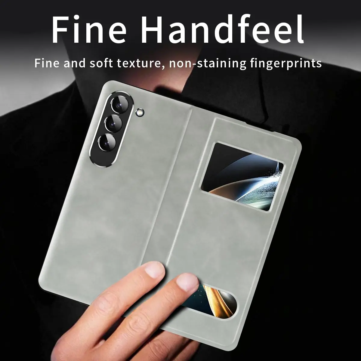 XIMAND White Nappa Leather Flip Case for Samsung Galaxy Z Fold 6 | Hidden Kickstand & Information Window - view 5
