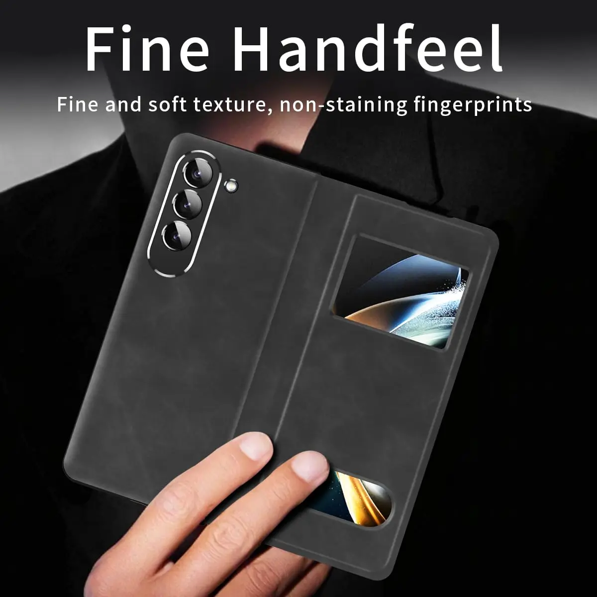 XIMAND Black Napa Leather Flip Case for Samsung Galaxy Z Fold 6 | Full Body Hinge Protection - view 5