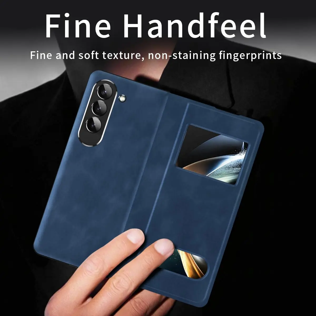 XIMAND Blue Napa Leather Flip Case for Samsung Galaxy Z Fold 6 | Open Window, Hidden Kickstand, Hinge Protection - view 5