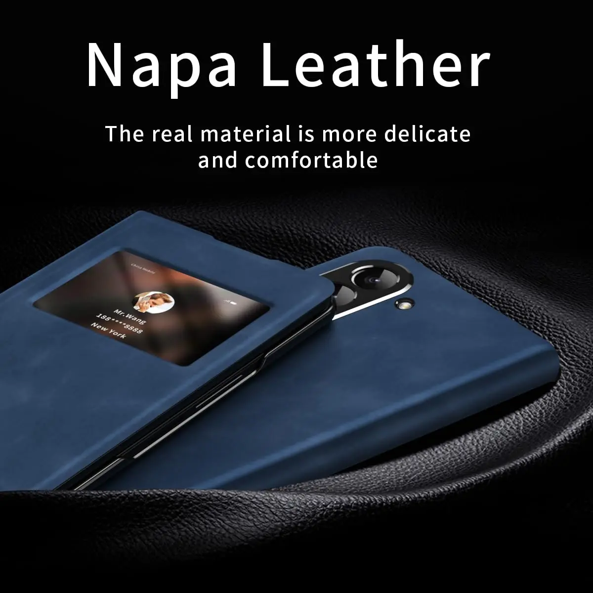 XIMAND Blue Napa Leather Flip Case for Samsung Galaxy Z Fold 6 | Open Window, Hidden Kickstand, Hinge Protection - view 3