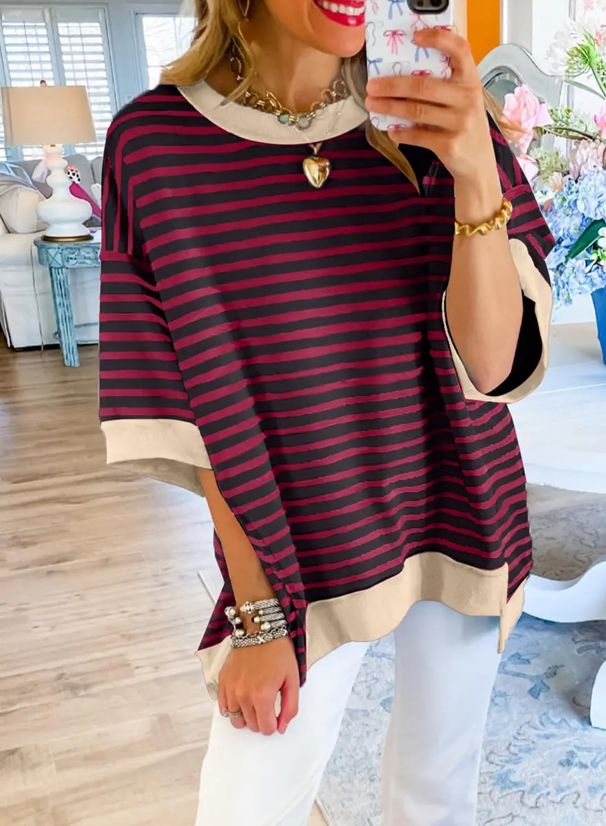 SHEWIN Women Oversized Top Striped Sweatshirt Pullover Shirt Red, 2XL | Casual Loose Fit Crewneck - view 2