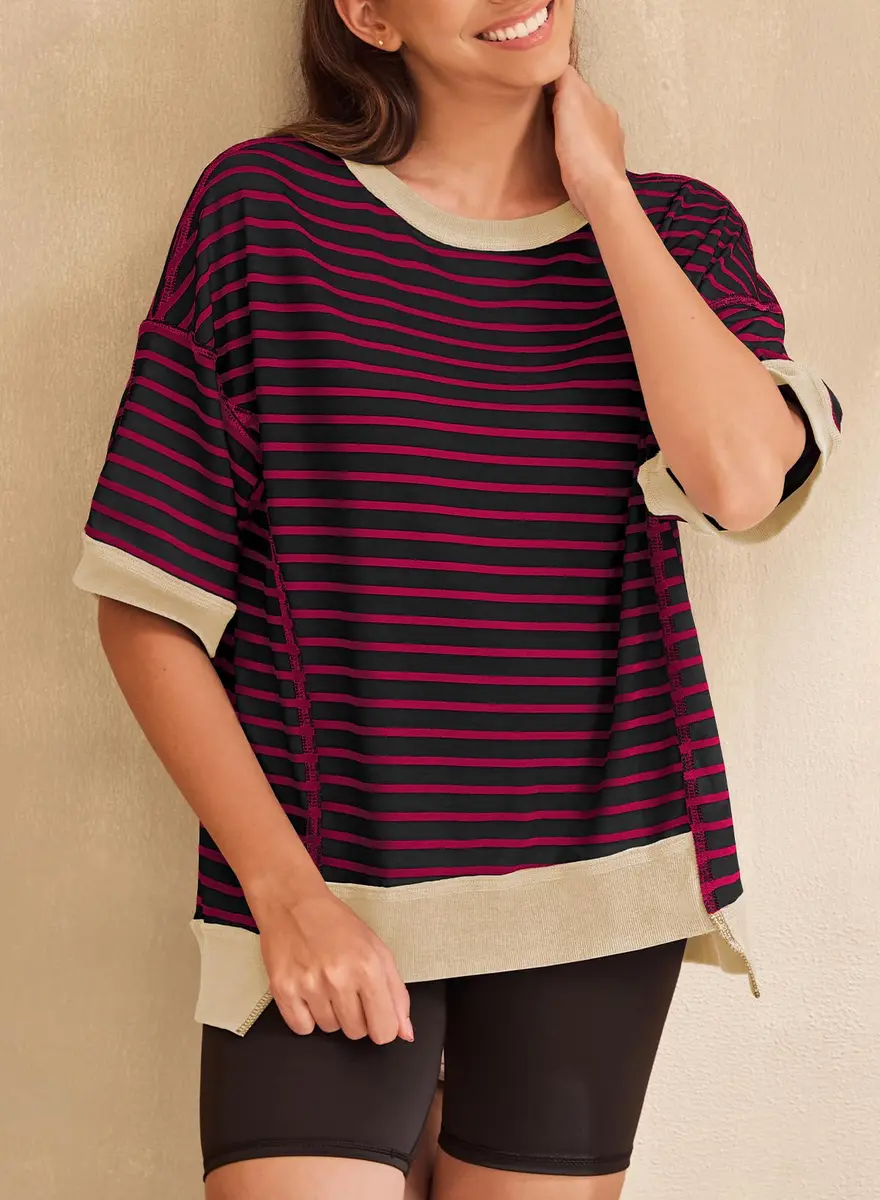 SHEWIN Women Oversized Top Striped Sweatshirt Pullover Shirt Red, 2XL | Casual Loose Fit Crewneck - view 3