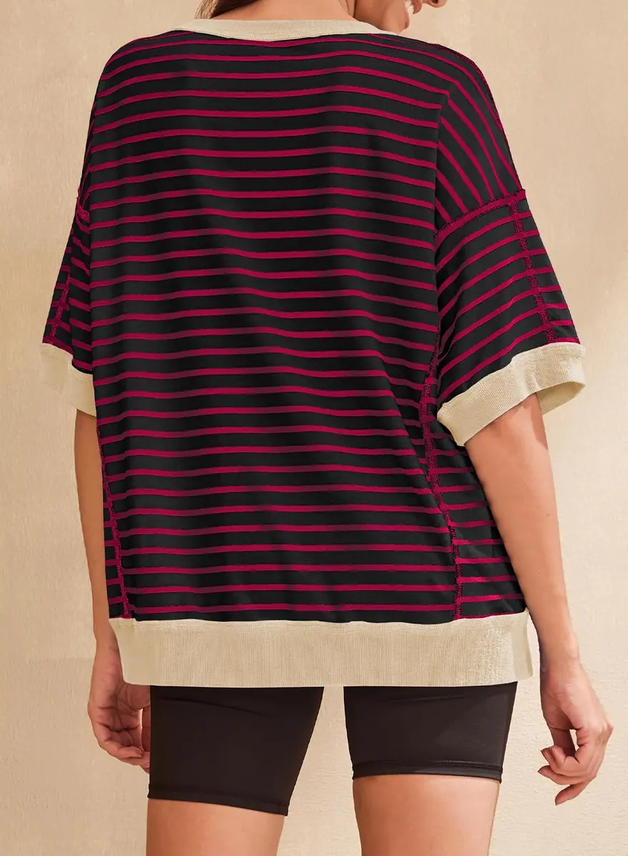 SHEWIN Women Oversized Top Striped Sweatshirt Pullover Shirt Red, 2XL | Casual Loose Fit Crewneck - view 4