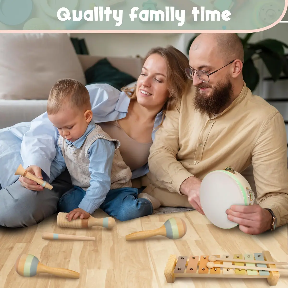 Stoie's Wooden Toddler Musical Instruments with Xylophone, Maracas, Triangle, Tamburine for Babies and Kids | Eco Friendly Montessori Toy - view 5
