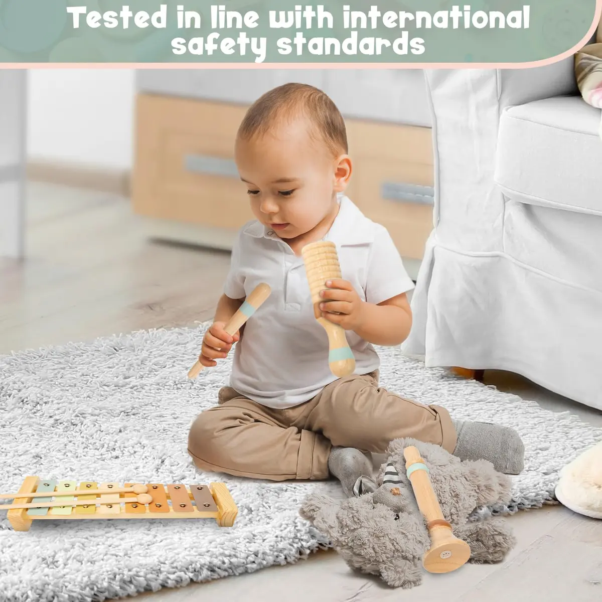 Stoie's Wooden Toddler Musical Instruments with Xylophone, Maracas, Triangle, Tamburine for Babies and Kids | Eco Friendly Montessori Toy - view 7