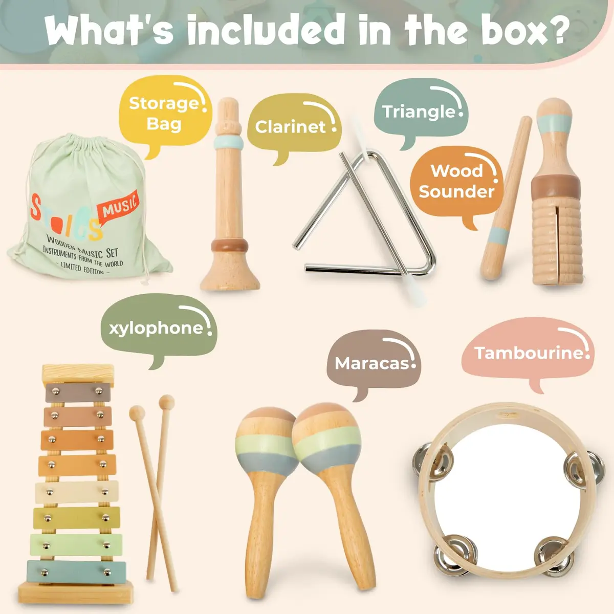 Stoie's Wooden Toddler Musical Instruments with Xylophone, Maracas, Triangle, Tamburine for Babies and Kids | Eco Friendly Montessori Toy - view 2