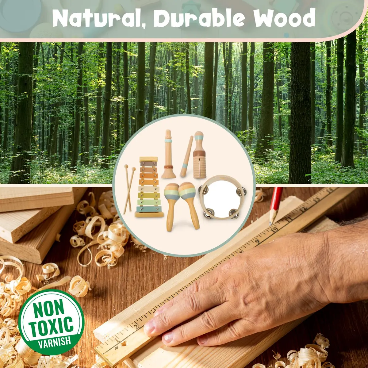 Stoie's Wooden Toddler Musical Instruments with Xylophone, Maracas, Triangle, Tamburine for Babies and Kids | Eco Friendly Montessori Toy - view 4