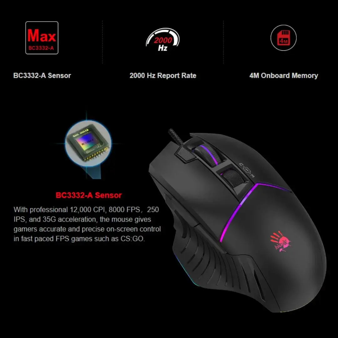 Bloody W95BR Max Extra Fire Gaming Mouse 12000 CPI | 2000 Hz Report Rate, 4M Onboard Memory, RGB Backlit, Ergonomic Design - view 2