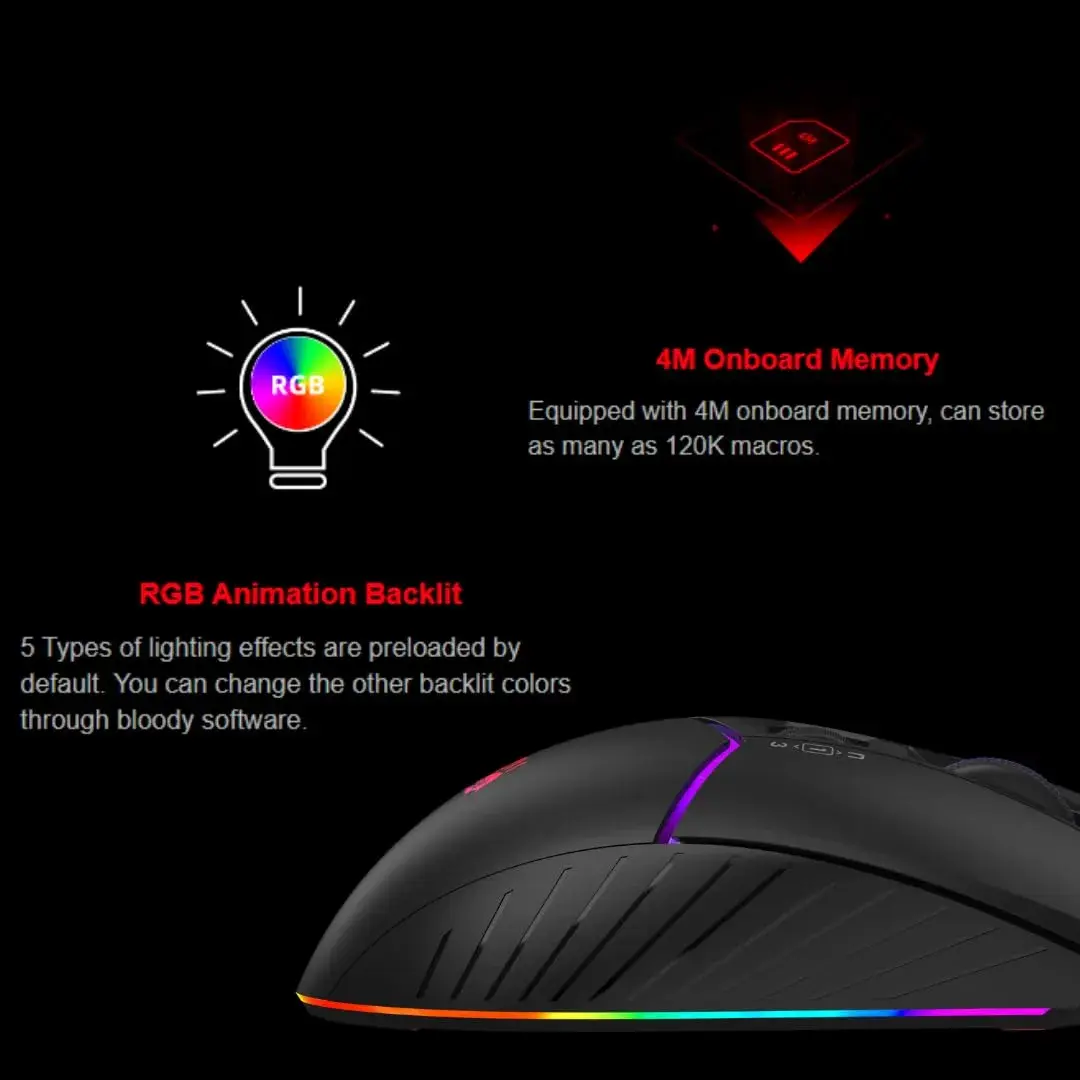 Bloody W95BR Max Extra Fire Gaming Mouse 12000 CPI | 2000 Hz Report Rate, 4M Onboard Memory, RGB Backlit, Ergonomic Design - view 4