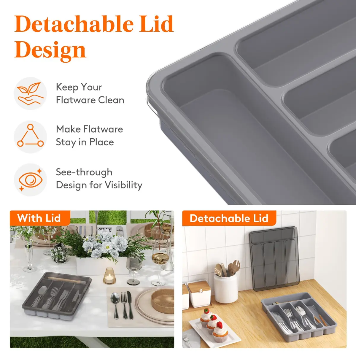 Lifewit Silverware Organizer with Lid, Covered Utensil Tray, 9.5x12.7 inches | Dust-Free Cutlery Storage - view 2