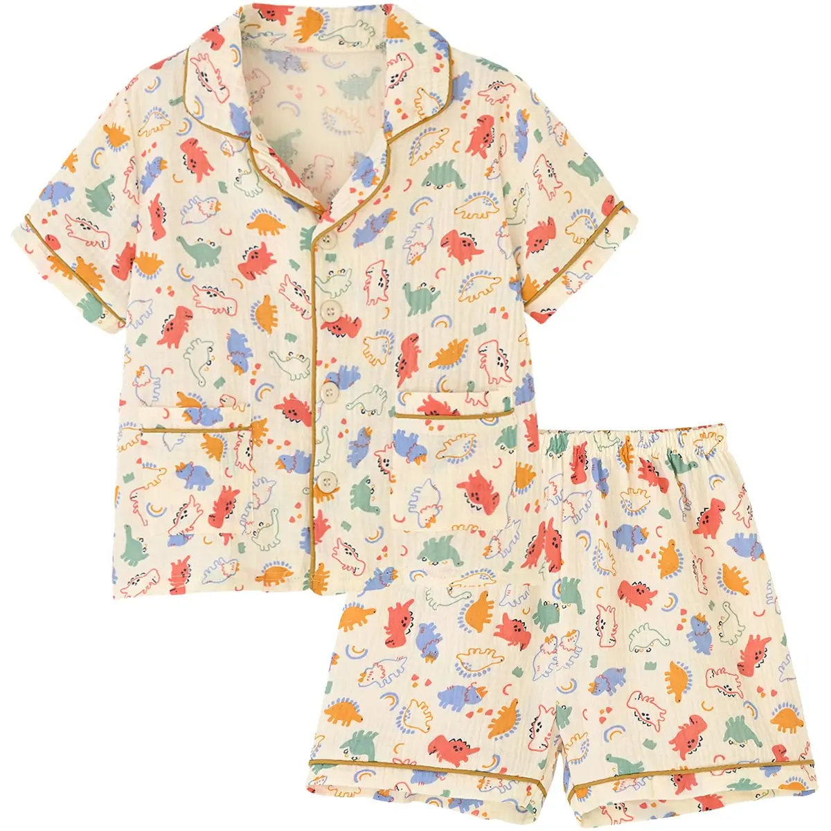 BINIDUCKLING Kids Pajamas Boys Button Up Short Pjs 6-7 Years Dinosaurs | Fluffy Cotton Summer Sleepwear - main product image