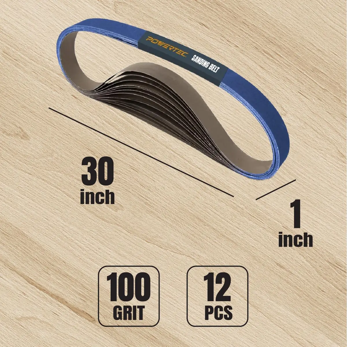 POWERTEC 1x30 Sanding Belts 100 Grit Zirconia | Heavy Duty, Long-Lasting Abrasive for Wood & Metal - view 2